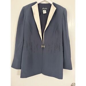 Sunny Choi Vintage Beaded Navy Blazer With White Silk Trim Size 12